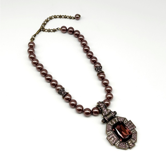 💎 Heidi Daus Dazzling Art Deco Mauve Pearl Pendant Crystal Necklace 17-21” EUC 💎 - Picture 9 of 16